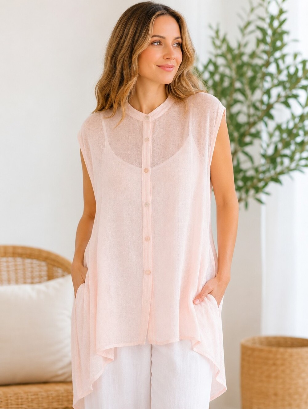 Eileen Fisher Organic Linen Mesh Button Front Tunic Top Blush Pink M